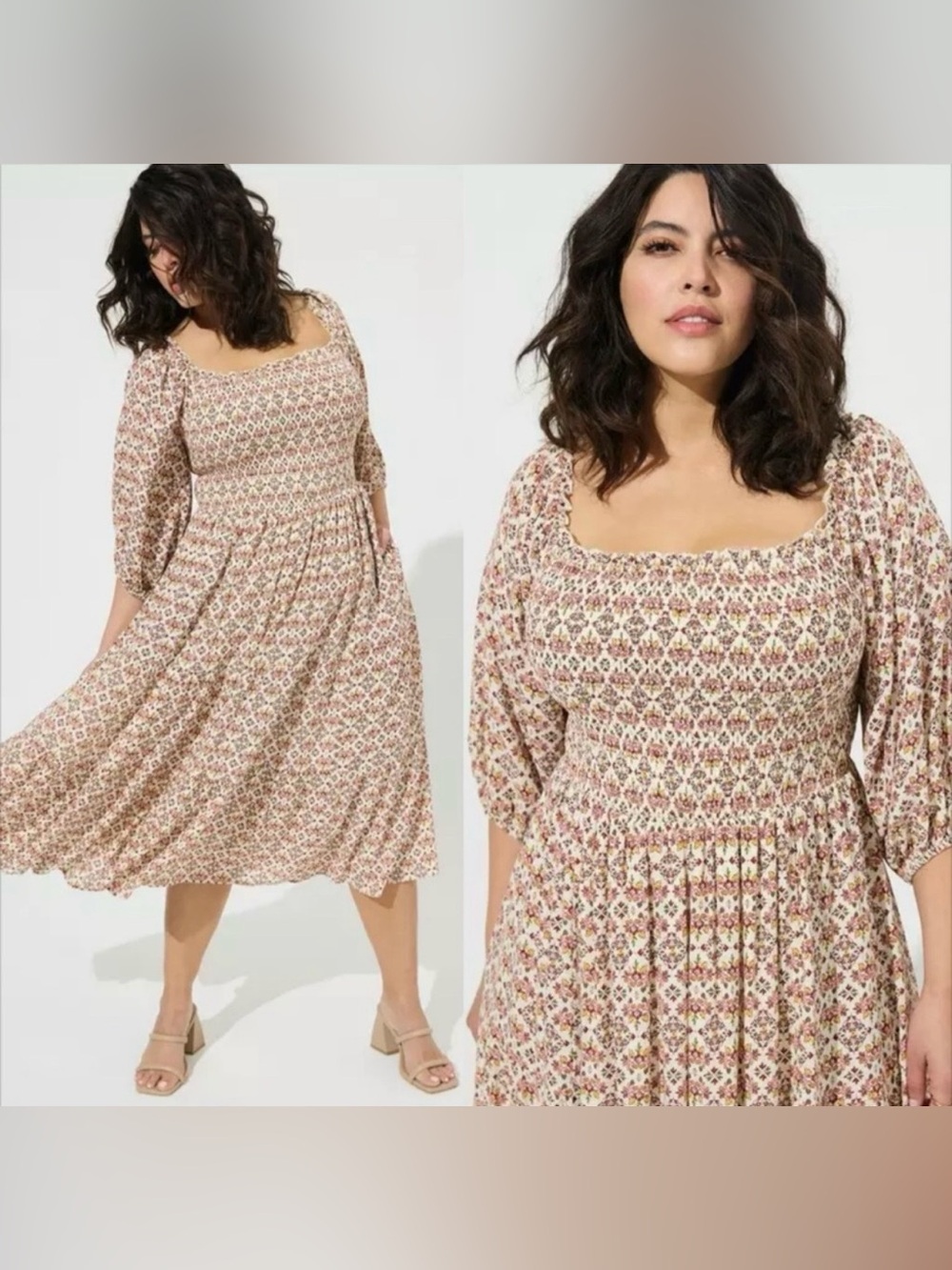 TORRID Floral Smocked Midi Dress Size 4 Cream Multi 3/4 Puff Sleeve Boho